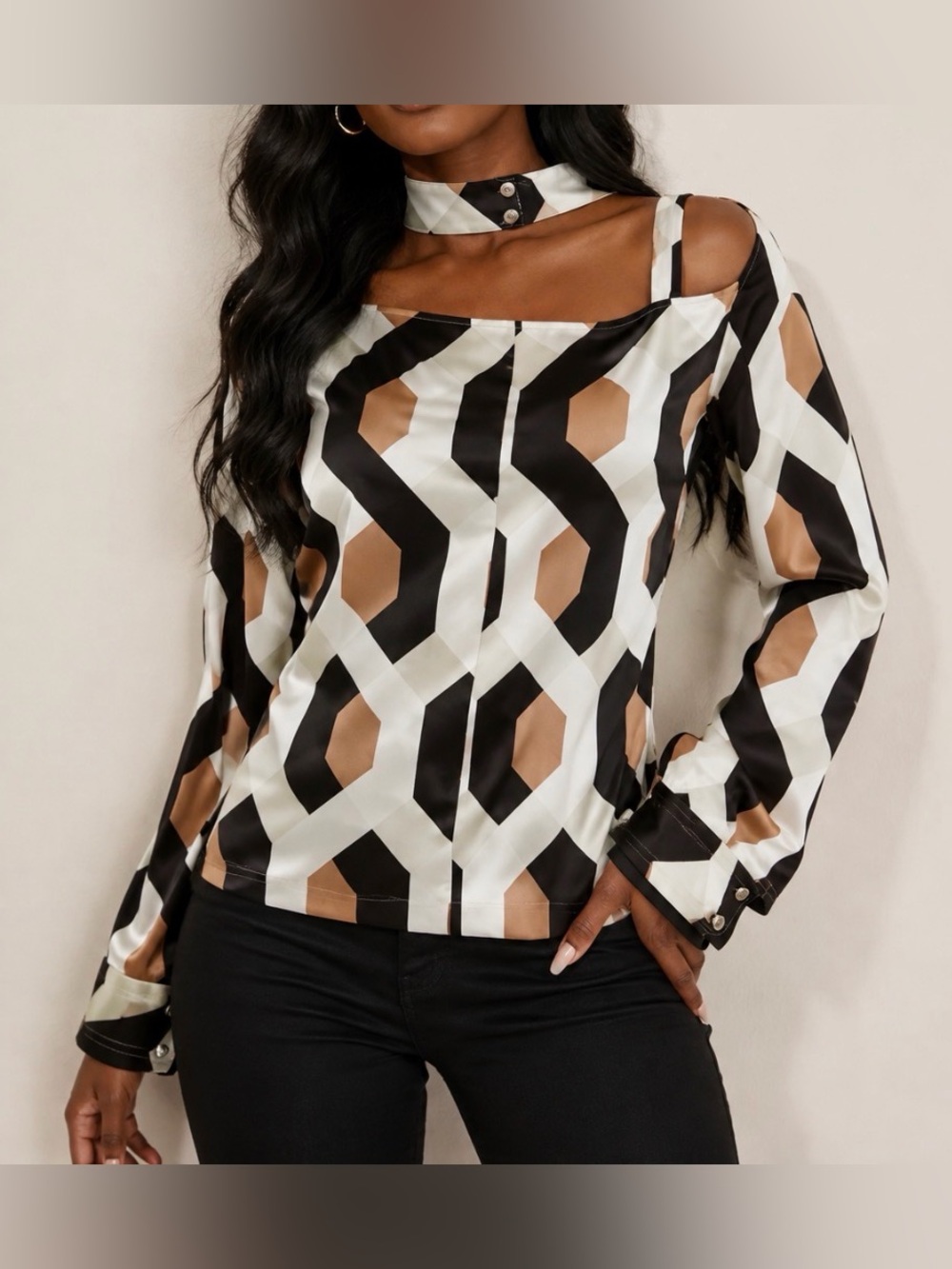 Source Unknown Geometric Tunic in Black, White & Tan